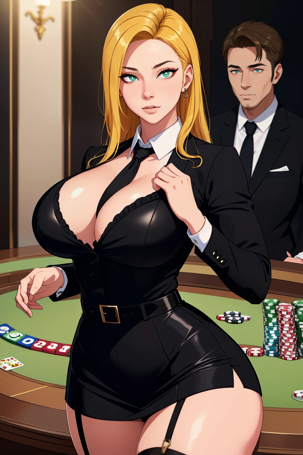 (masterpiece, highres, best quality:1.2), 8K, highly detailed, intricate, colorful, vibrant image, sharp focus, cinematic)  blonde hair, long hair, green eyes, body builder (Wearing black business outfit, black_collared shirt cropped jacket ,tie,necktie,black frilled skirt, garter straps, leather waist belt) (big perfect round breasts,hourglass body, thin waist,very thin waist, Photo realistic,(hyperrealistic:1)beautiful, masterpiece, best quality, extremely detailed face,perfect face,beautiful face, perfect lighting,detailed eye makeup, detail face, nice detailed eyes,nice hands, perfect hands,glowing eyes (realistic pupils,realistic iris:1) heavy eye makeup,(empty Casino)(Posing dynamically)