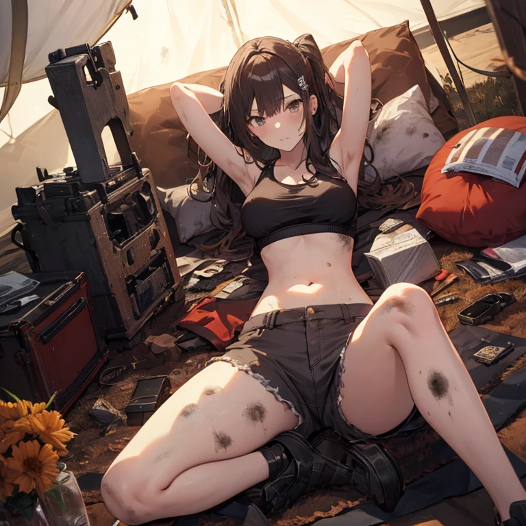 A group of  girl, (in tent), various hair styles, tank top, harem, beautiful leg, midriff, trousers, showings off armpits, seducing, bdsm, dirty, metal armor