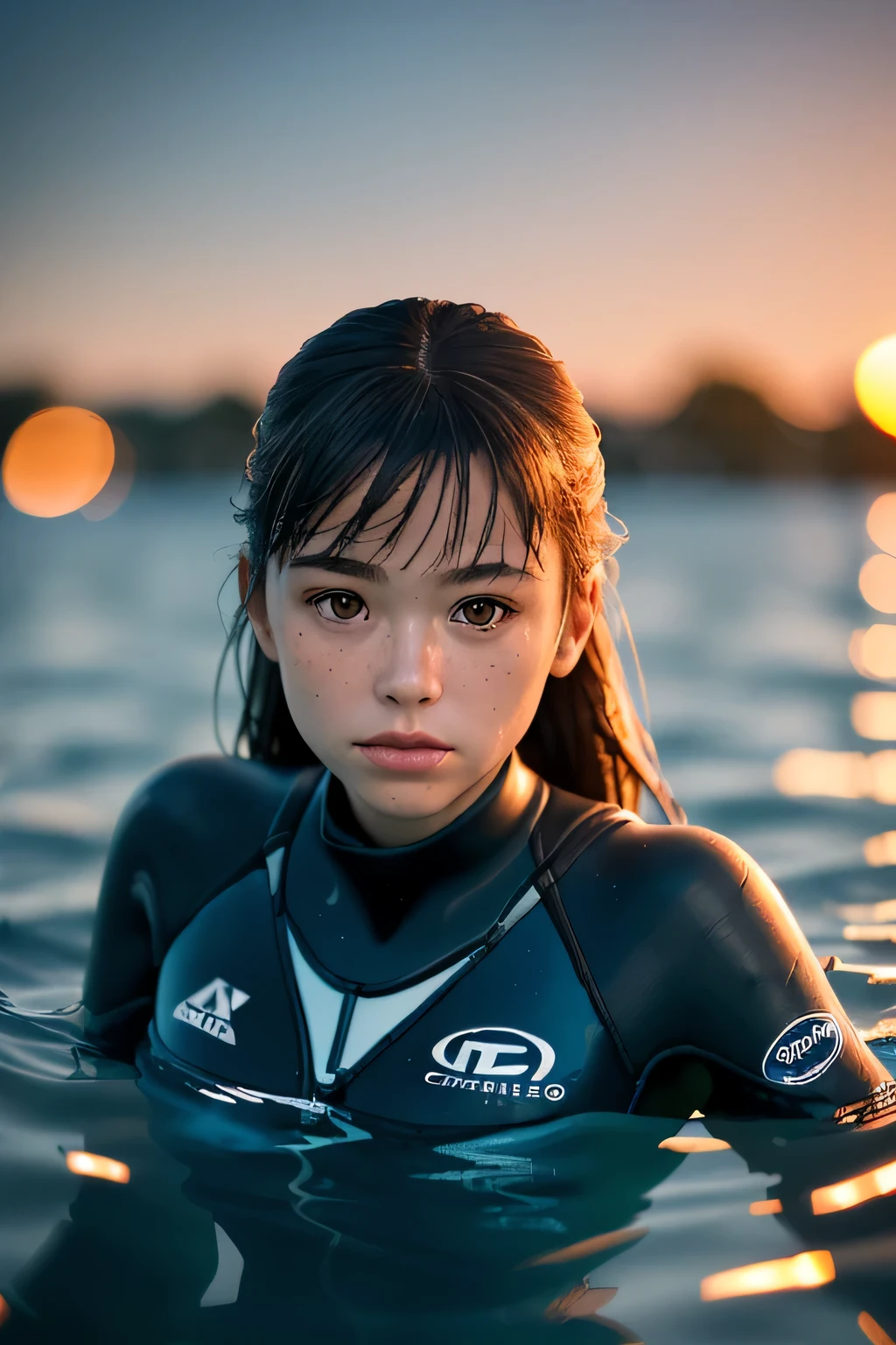 (masterpiece), (very complicated:1.3), (realistic), girl portrait, lying on her back floating on the surface of the water, (dynamic perspective), the most beautiful in the world, (swimming wetsuit), outdoor, intense sunlight, distant factory group, Stunning female professional photo details, sharp focus, dramatic, Award history, cinematic lighting, Octane Rendering Unreal Engine, volumetrics dtx, (film grain, blurred background, blurred foreground, Bokeh, Depth of the bounds written, sunset, motion blur:1.3)