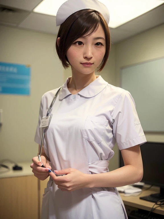 1 girl,(Wearing white nurse clothes:1.2),(Raw photo, highest quality), (realistic, photo-realistic:1.4), masterpiece, very delicate and beautiful, very detailed, 2k wallpaper, wonderful, finely, very detailed CG unity 8k wallpaper, Super detailed, High resolution, soft light, beautiful detailed girl, very detailed eyes and face, beautifully detailed nose, finely beautiful eyes, nurse, perfect anatomy, black hair, up style, nurse uniform, ((nurse cap)), long skirt, nurse, white costume, thin, hospital, clear, white uniform, hospital room, Neck auscultation,