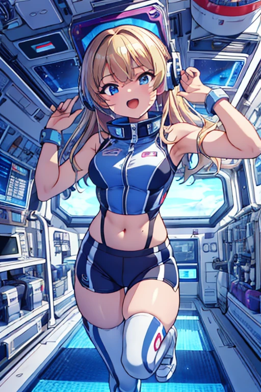 top-quality,Top image quality,in 8K,4K,masterpiece,ultra-detailliert,Beautiful,ultra-quality, best quality,high resolution, ultra-detailed,game cg,dutch angle,(acrobatic pose):5,jumping:5,(inside spacestation,)beautiful detailed eyes,five fingers,headphone,nsfw,a beauty girl,(astrovest):5,(track uniforms),wet,(steam:1.5),Running form,open open mouth,(blonde hair),(long hair):2,Navel,space_station_interior, exercise_room, futuristic, high_technology, zero_gravity_exercise_equipment, high_resolution_landscape, sleek_design, minimalistic, 8K_resolution, game_cg_style, Dutch_angle, detailed_character, track_uniform, perfect_running_form, intense_expression, detailed_eyes, determination, steam:1.5, beauty, strength, five_fingers, visible_navel, open_mouth, ultra_quality, high_resolution, ultra_detailed,astrovest