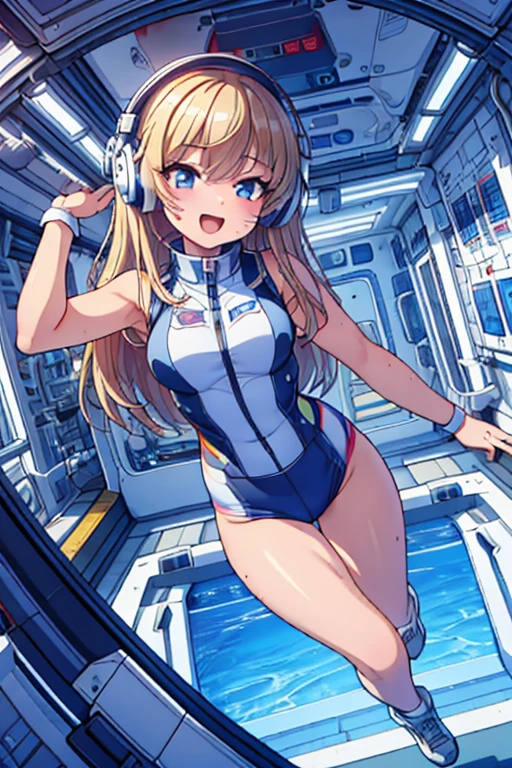 top-quality,Top image quality,in 8K,4K,masterpiece,ultra-detailliert,Beautiful,ultra-quality, best quality,high resolution, ultra-detailed,game cg,dutch angle,(acrobatic pose):5,jumping:5,(inside spacestation,)beautiful detailed eyes,five fingers,headphone,nsfw,a beauty girl,(astrovest):5,(track uniforms),wet,(steam:1.5),Running form,open open mouth,(blonde hair),(long hair):2,Navel,space_station_interior, exercise_room, futuristic, high_technology, zero_gravity_exercise_equipment, high_resolution_landscape, sleek_design, minimalistic, 8K_resolution, game_cg_style, Dutch_angle, detailed_character, track_uniform, perfect_running_form, intense_expression, detailed_eyes, determination, steam:1.5, beauty, strength, five_fingers, visible_navel, open_mouth, ultra_quality, high_resolution, ultra_detailed,astrovest