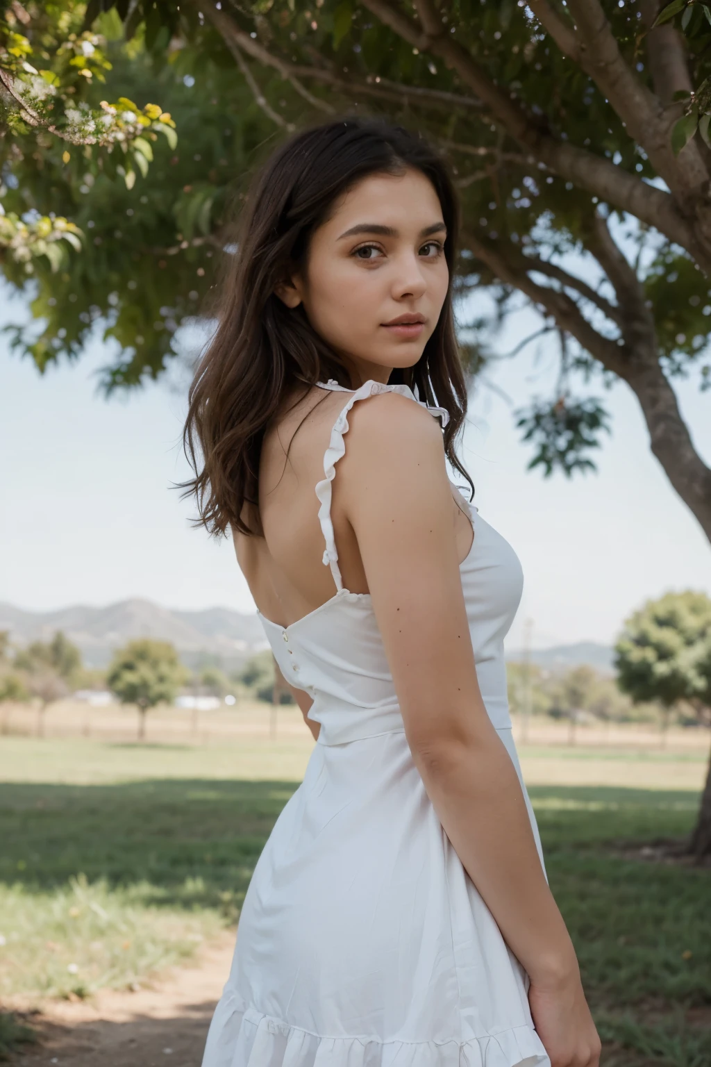 ((Mejor calidad)), ((obra maestra)), (detallado), cara perfecta, Latin woman in a white dress standing under a tree, next to a tree, with a tree in the background, ruffled outfit, wearing a summer dress, medium shot portrait, feminine feminine dress, portrait photo, golden hour of morning, 70mm portrait, wearing a cute white dress, in a tree, bottom angle, modeling shoot, modeling photography