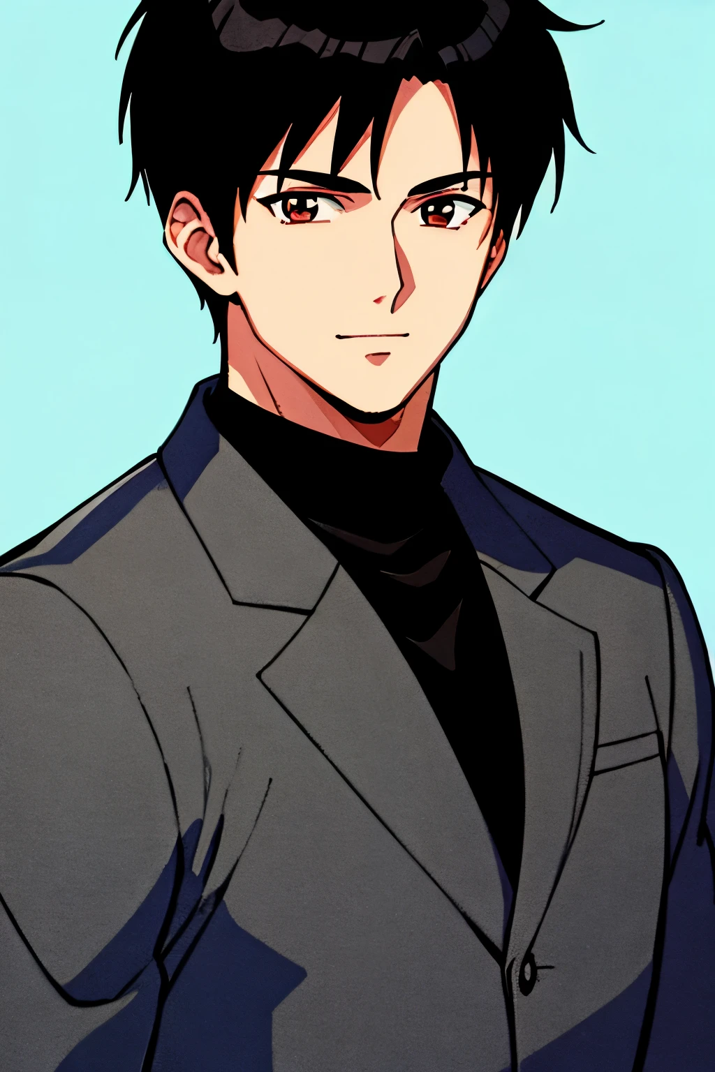 masterpiece, best quality, cel shaded, bright colors, 1boy, solo, male focus, adult man, short black hair, brown eyes, small smile, healthy complexion, muscular frame, turtleneck, dress pants, looking at viewer, staring straight ahead, upper body shot, simple background