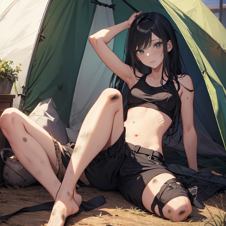 A group of girl, (in tent), various hair styles, tank top, harem, beautiful leg, midriff, trousers, showings off armpits, seducing, bdsm, dirty,