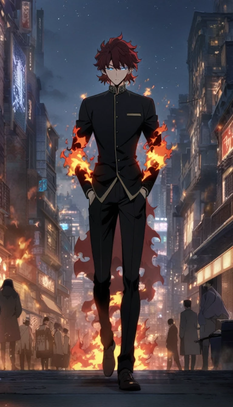 (Young guy), ((handsome)), 1guy, strong and tall, (solo), (red medium hair:1.1), (blue eyes:1.1), ((eyes details)), fit body, black sherwani, anime hight quality, masterpiece, city background, moonlight, starry sky, evil smile, High quality wallpaper, walking with hands in pocket, fiery arms, magicflames, flames, full body shot