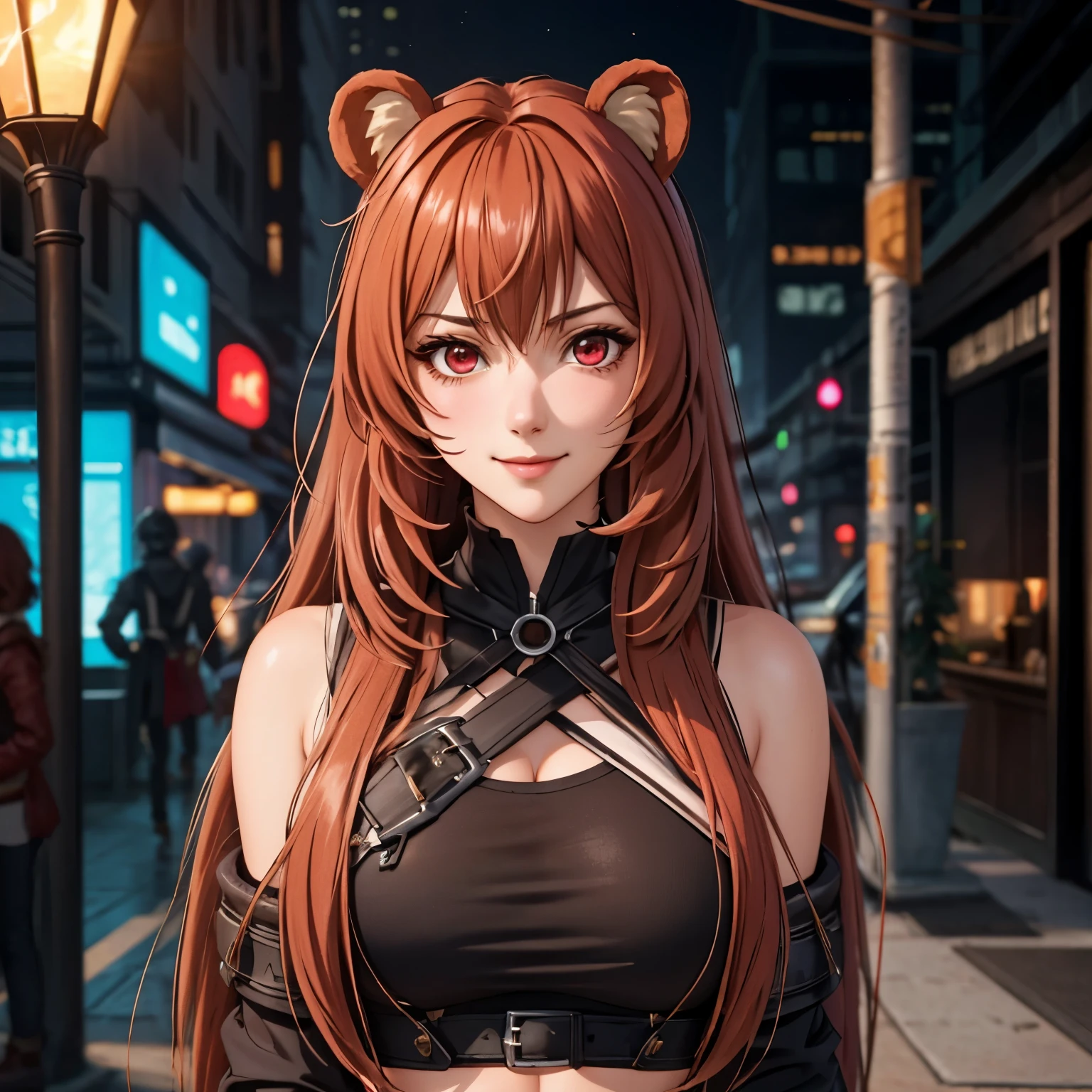 Raphtalia, attractive 25 year old woman, orejas de oso, cabello naranja brillante, detailed ruby red eyes, light skin shy smile embarrassed., rubor, mirada dulce, ROPA CYBERPUNK, FODNO EDIFICIOS DE NEON DE NOCHE.