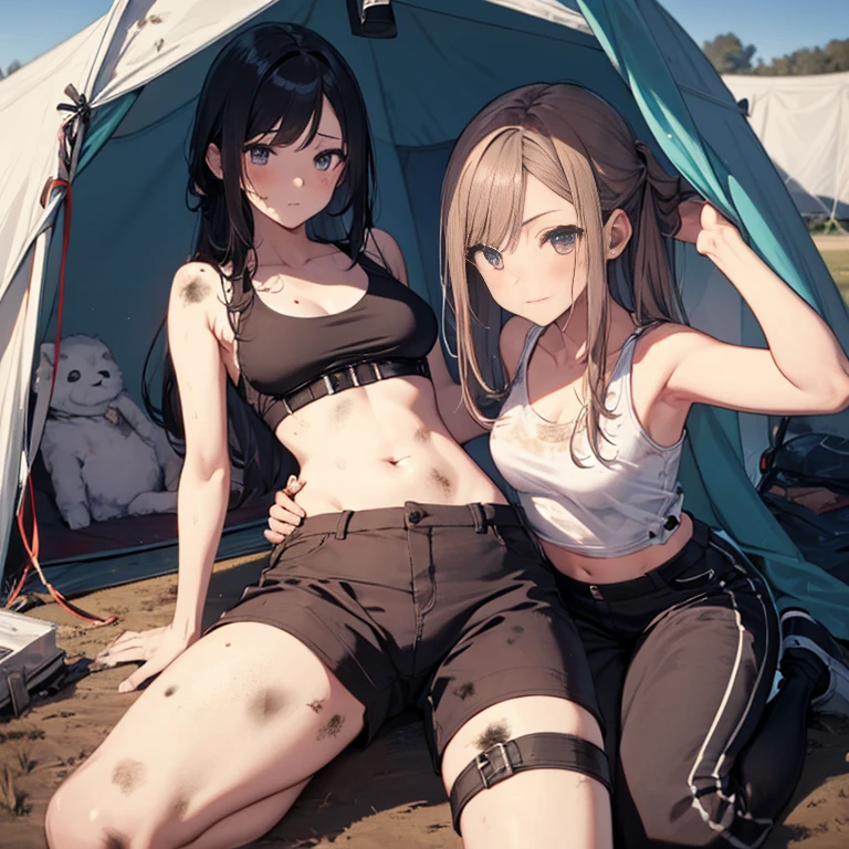 A group of girl, (in tent), various hair styles, tank top, harem, beautiful leg, midriff, trousers, showings off armpits, seducing, bdsm, dirty, metal armor
