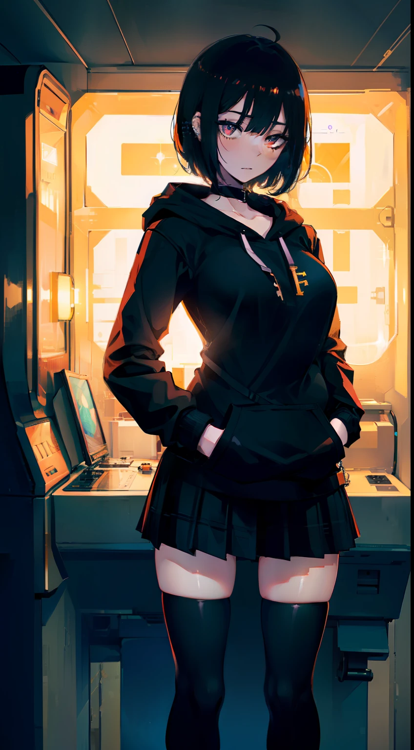 Cinematic lighting、(key light:Front diagonal 45 degrees, fill light、Backlight、shadow、blue and orange color palette), accurate human body、detailed person、Correct five-finger、RAW photo、 4K - ultra-vivid、highest quality, masterpiece, ultra high resolution, (reality: 1.4),
(((oil skin,sparkling skin、realistic skin texture、detailed beautiful skin、shiny skin、shiny skin)))、
upper body shot, camera angle is low, Depth of the bounds written, Focus on the center, fine eyes, perfect face and eyes、
At the amusement arcade, game console, game machine,
girl, short bob black hair, early , black Hoodie with pockets, plaid miniskirt, purple collar, black face mask, piercing,
small breasts, slender, standing , naughty,
zettai ryouiki, absurd resolution, absurd detailed, best quality, (((big breasts)))