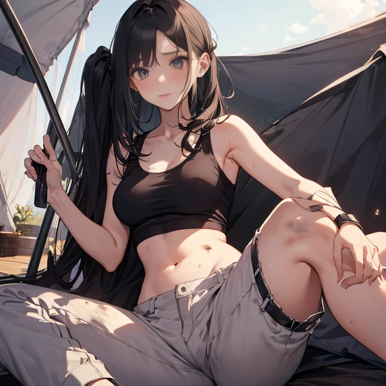 A group of girl, (in tent), various hair styles, tank top, harem, beautiful leg, midriff, trousers, showings off armpits, seducing, bdsm, dirty,