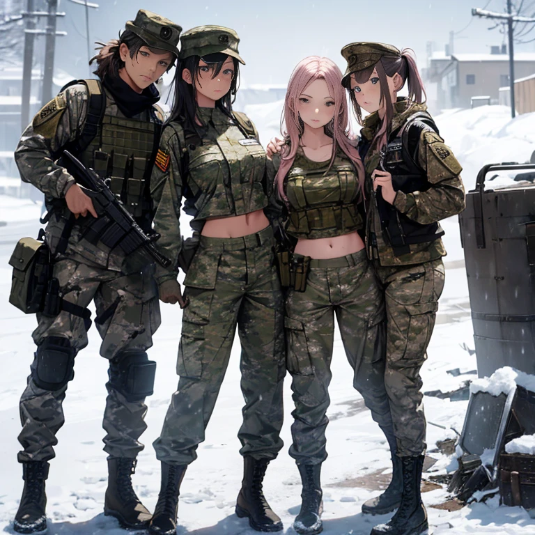 A group of  female soldiers, (in snow storm), various hair styles, tank top, harem, beautiful leg, midriff, camouflage military trousers, showings off armpits, seducing, bdsm, dirty