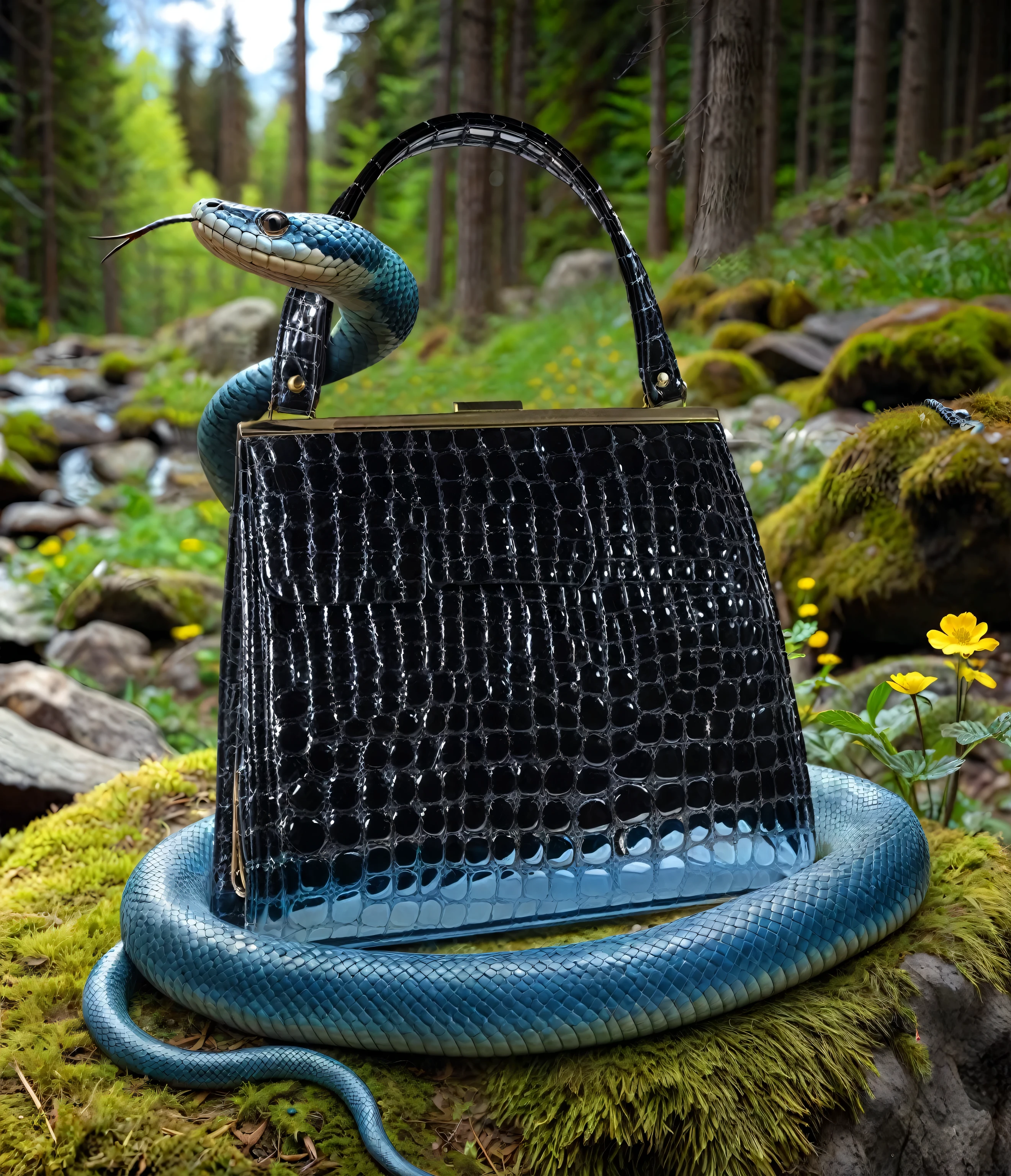 there is a snake on a purse on a mossy rock, by Dietmar Damerau, by Anato Finnstark, by Kristian Zahrtmann, steven klein, by Elias Ravanetti, by Henrik Weber, by Micha Klein, eftir Júlíana Sveinsdóttur, alexandra fomina, highly detailed product photo