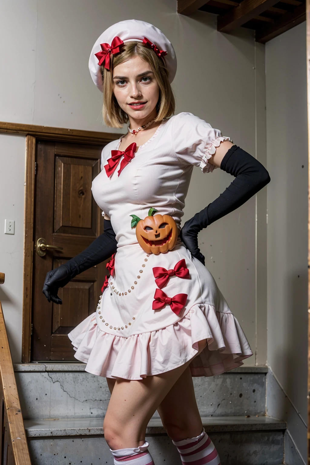 (masterpiece, best quality:1.2), 1girl, solo,standing_split, 
A photo of a beautiful lady cosplaying Lambdadelta, pink beret, dress, blonde hair, short hair, pink and white striped knee highs, pink shoes, red eyes, pumpkin, Jack-o’-lantern