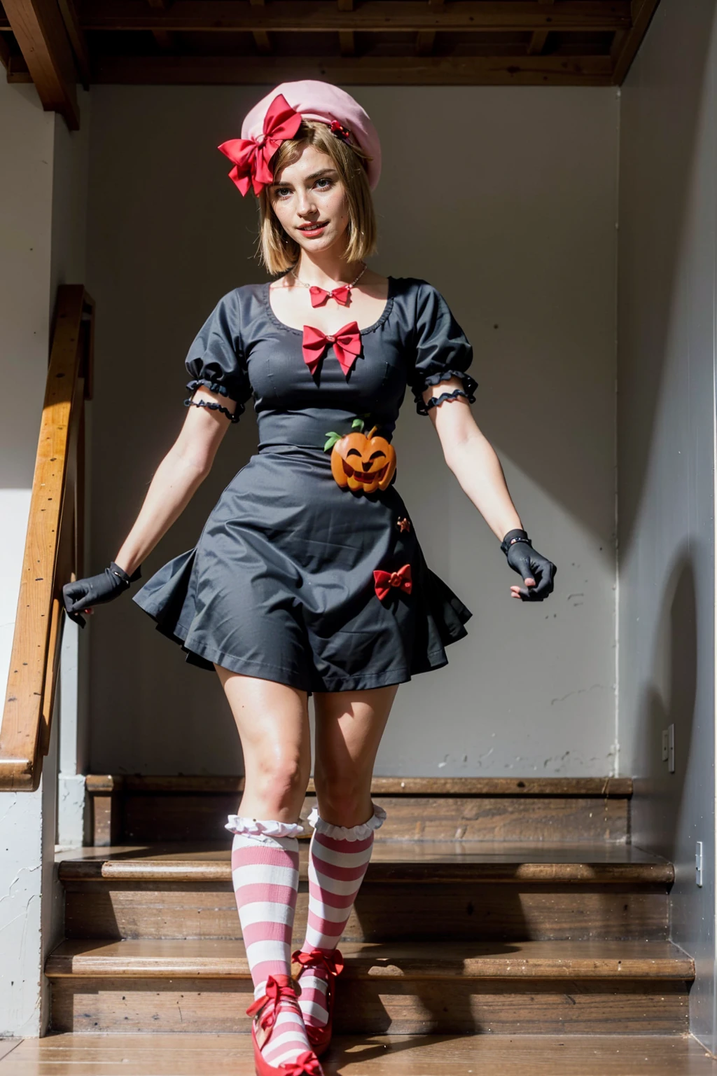 (masterpiece),(best quality), 16k CGI render ((photography)), lambdadelta, dress, shoes bow, red shoes, striped stockings, red bow, pink hat, pumpkin brooch, necklace, gloves, pearl, walking, smile, stairs, temple, mountain, forest, looking at the viewer, close up, pretty face, gorgeous, nice legs