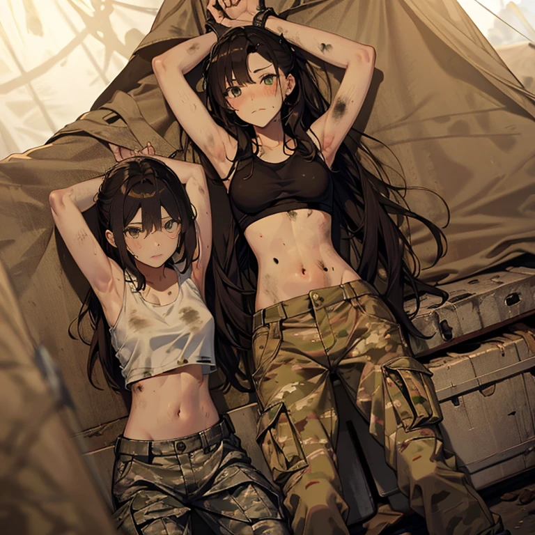 A group of  female soldiers, (in tent), various hair styles, tank top, harem, beautiful leg, midriff, camouflage military trousers, showings off armpits, seducing, bdsm, dirty