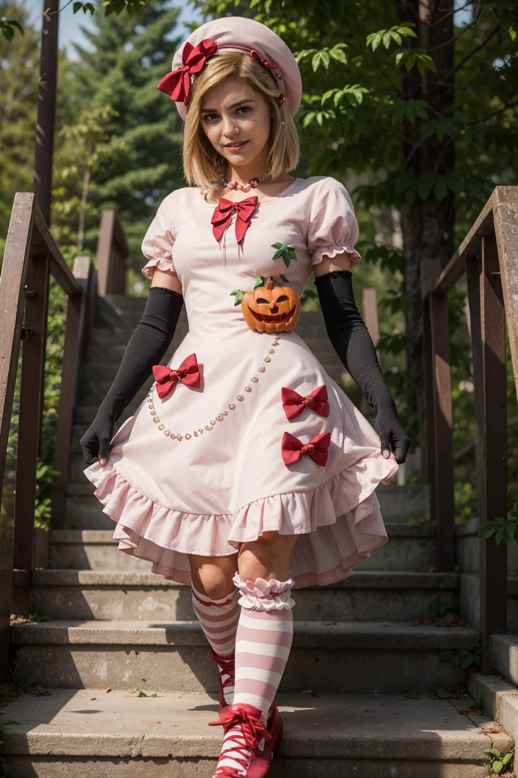 (masterpiece),(best quality), 16k CGI render ((photography)), lambdadelta, dress, shoes bow, red shoes, striped stockings, red bow, pink hat, pumpkin brooch, necklace, gloves, pearl, walking, smile, stairs, temple, mountain, forest, looking at the viewer, close up, pretty face, gorgeous, nice legs