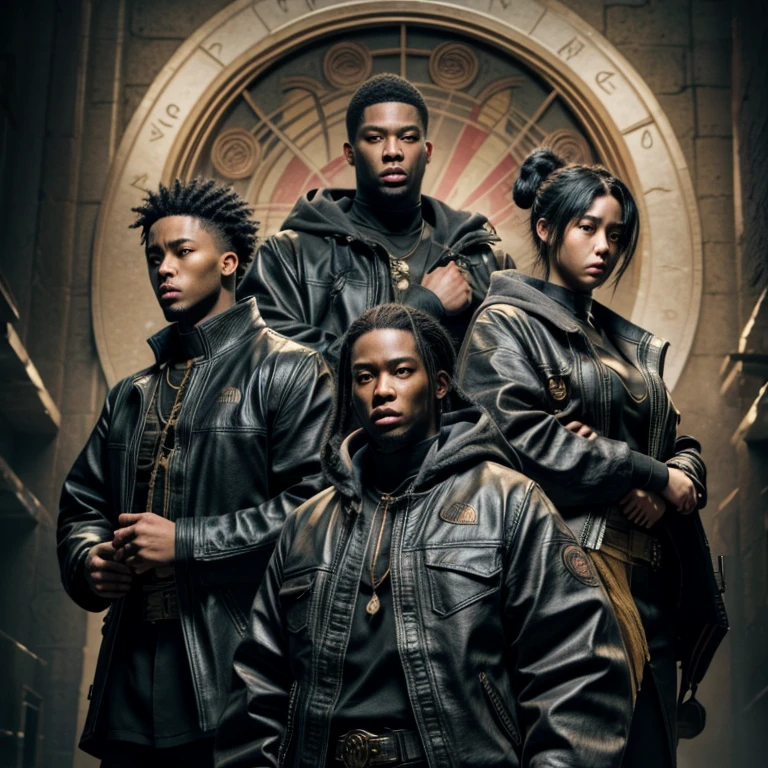 An anime crew film scene titled “Children of the scorn”, with men and women, group of people, more than one person,African American, hip hop influenced, cinematic photo style, warriors, ninja inspired, carhartt style jackets, 50 Cent energy, Rhea Ripley energy, muscular, athletic, warriors of strength, confidence, honor, calm, competent, ambitious, godly essence, divine presence, 4k photo, 8 k photo, high quality, art, luxurious city vibe, north face jackets, movie project, NY