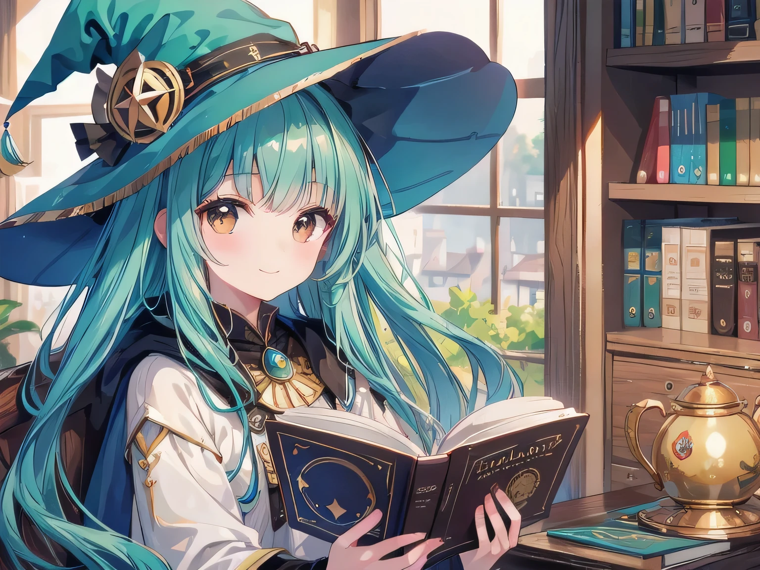 (8K, best quality, master piece: 1.2), super high resolution,1 female 18 years old,ultra-detailed face,glossy detailed eyes,brown eyes,Silky hair,two side up,blunt bangs,blue green hair,smile,cute,wizard,witch hat,(Three-Quarter Angle ),captivate your audience,professional writing,Sitting and reading a book,cheek rest,Background where the bookshelf looks like a U-shape,library
