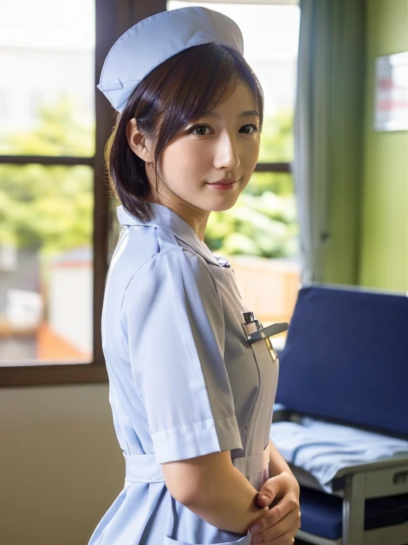 1 girl,(Wearing white nurse clothes:1.2),(Raw photo, highest quality), (realistic, photo-realistic:1.4), masterpiece, very delicate and beautiful, very detailed, 2k wallpaper, wonderful, finely, very detailed CG unity 8k wallpaper, Super detailed, High resolution, soft light, beautiful detailed girl, very detailed eyes and face, beautifully detailed nose, finely beautiful eyes, nurse, perfect anatomy, black hair, up style, nurse uniform, ((nurse cap)), long skirt, nurse, white costume, thin, hospital, clear, white uniform, hospital room, Neck auscultation,