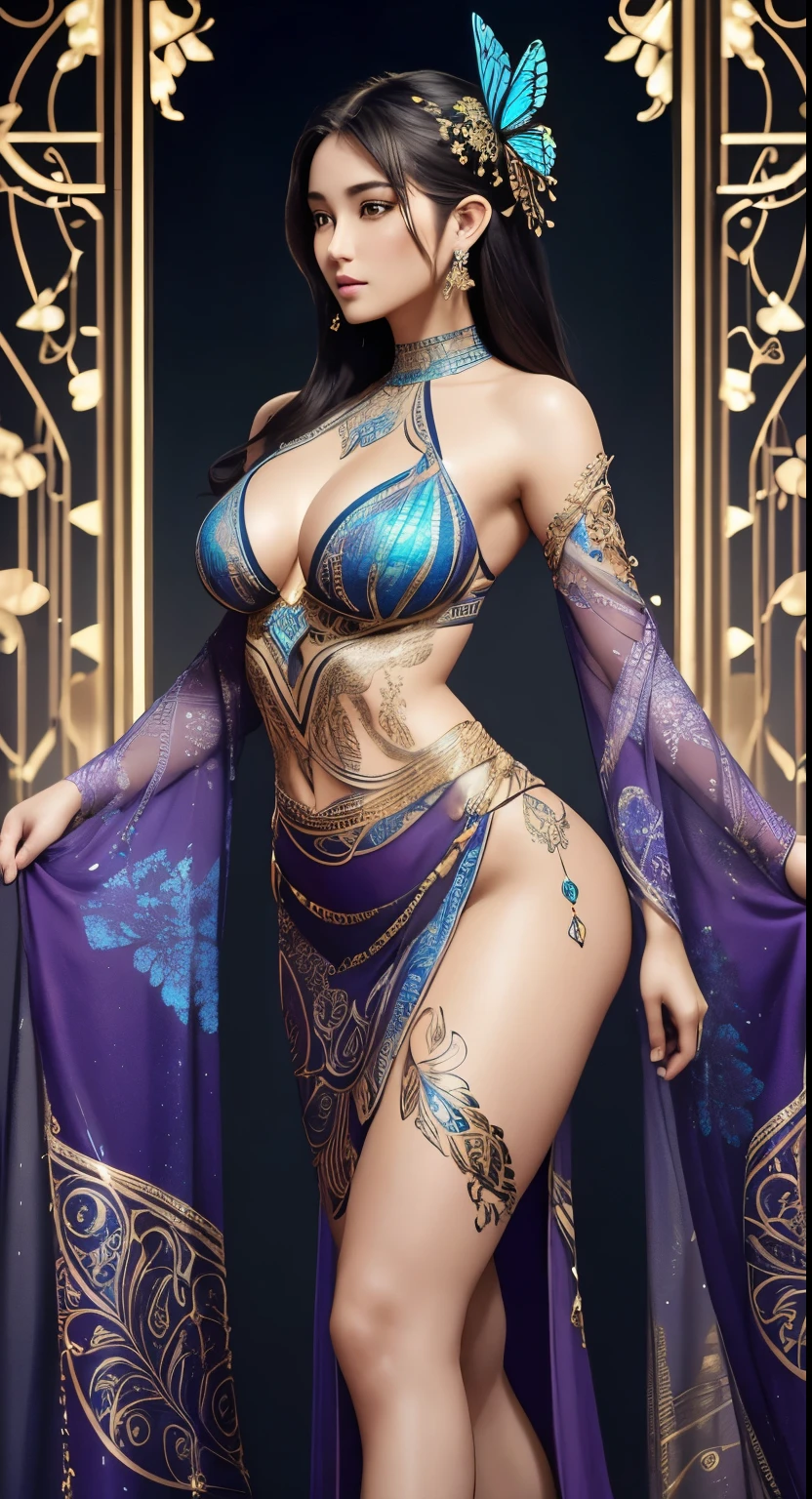 Picture a stunning AI-generated female model, her physique sculpted with grace and elegance. Her skin serves as a canvas for intricate body paint, starting from delicate shoulders adorned with butterfly-like patterns in iridescent blues and purples, cascading down her torso with swirls of metallic gold emphasizing her hourglass shape. Intricate floral motifs wrap around her thighs, while geometric patterns adorn her legs, creating an illusion of lace. Delicate vines and leaves decorate her feet, completing the ethereal ensemble. This fusion of art and technology mesmerizes with its beauty and innovation.