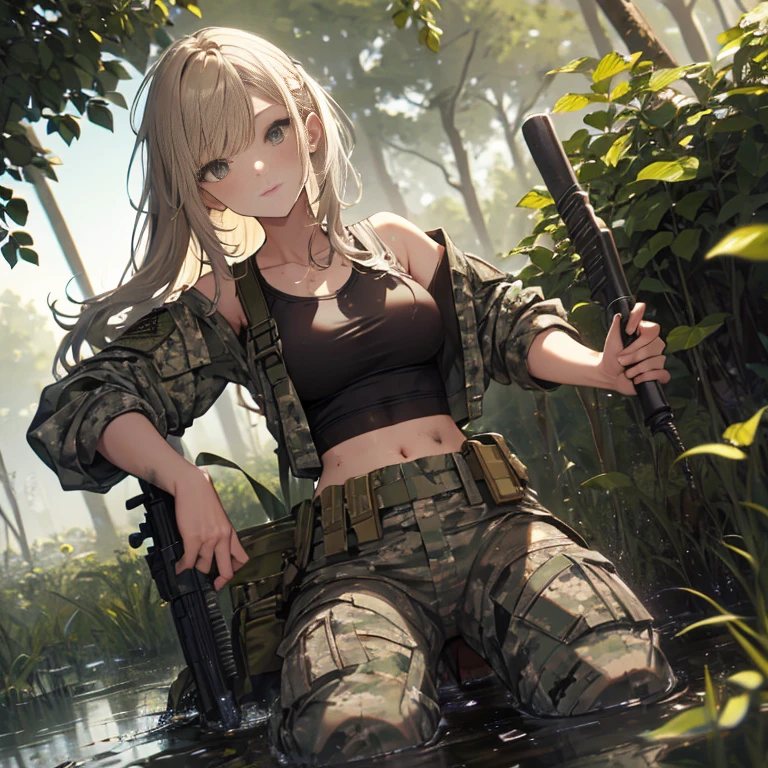 A group of  female soldiers, (in swamp), various hair styles, tank top, harem, beautiful leg, midriff, camouflage military trousers, showings off armpits, seducing, dirty