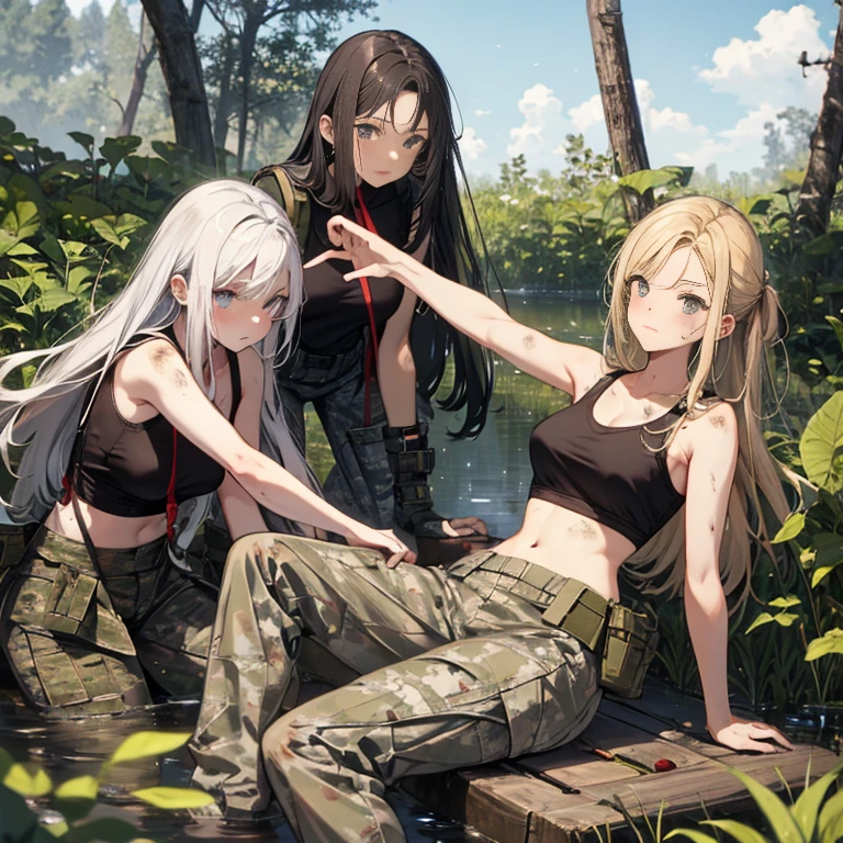 A group of female soldiers, (in swamp), various hair styles, tank top, harem, beautiful leg, midriff, camouflage military trousers, showings off armpits, seducing, dirty