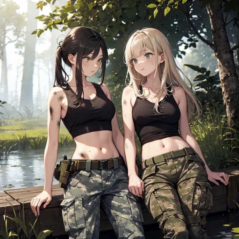 A group of  female soldiers, (in swamp), various hair styles, tank top, harem, beautiful leg, midriff, camouflage military trousers, showings off armpits, seducing, dirty