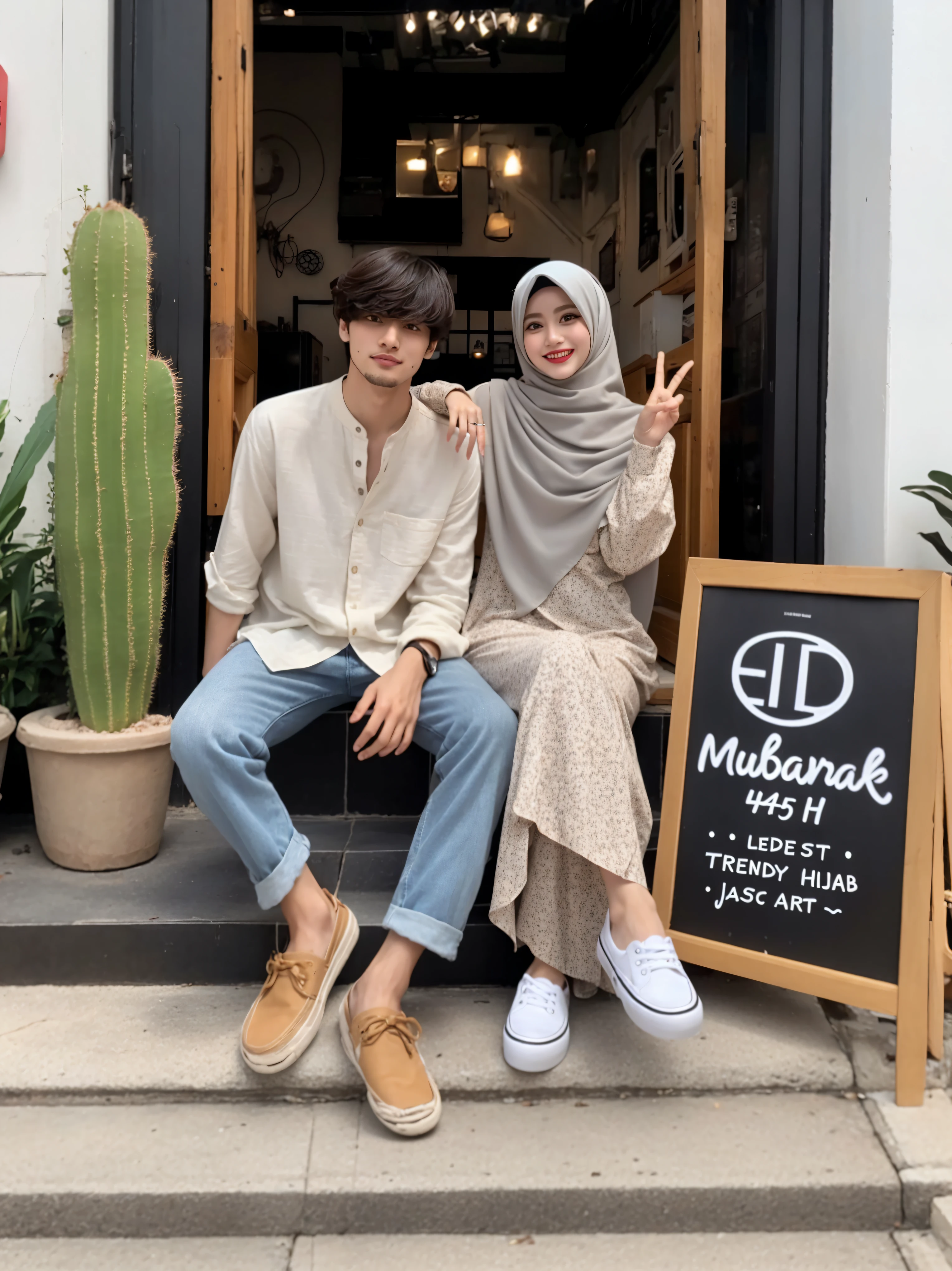 they are sitting on the steps of a building with a sign, couple pose, ๐ญ ๐คฎ ๐ ๐, lovely couple, hijab, couple, ๐คฌ ๐คฎ ๐ ๐, casual modern clothing, fullbody or portrait, in city street, happy couple, full protrait, hidari and vlop, ๐ญ๐คฎ ๐, in desert, โจ๐๐