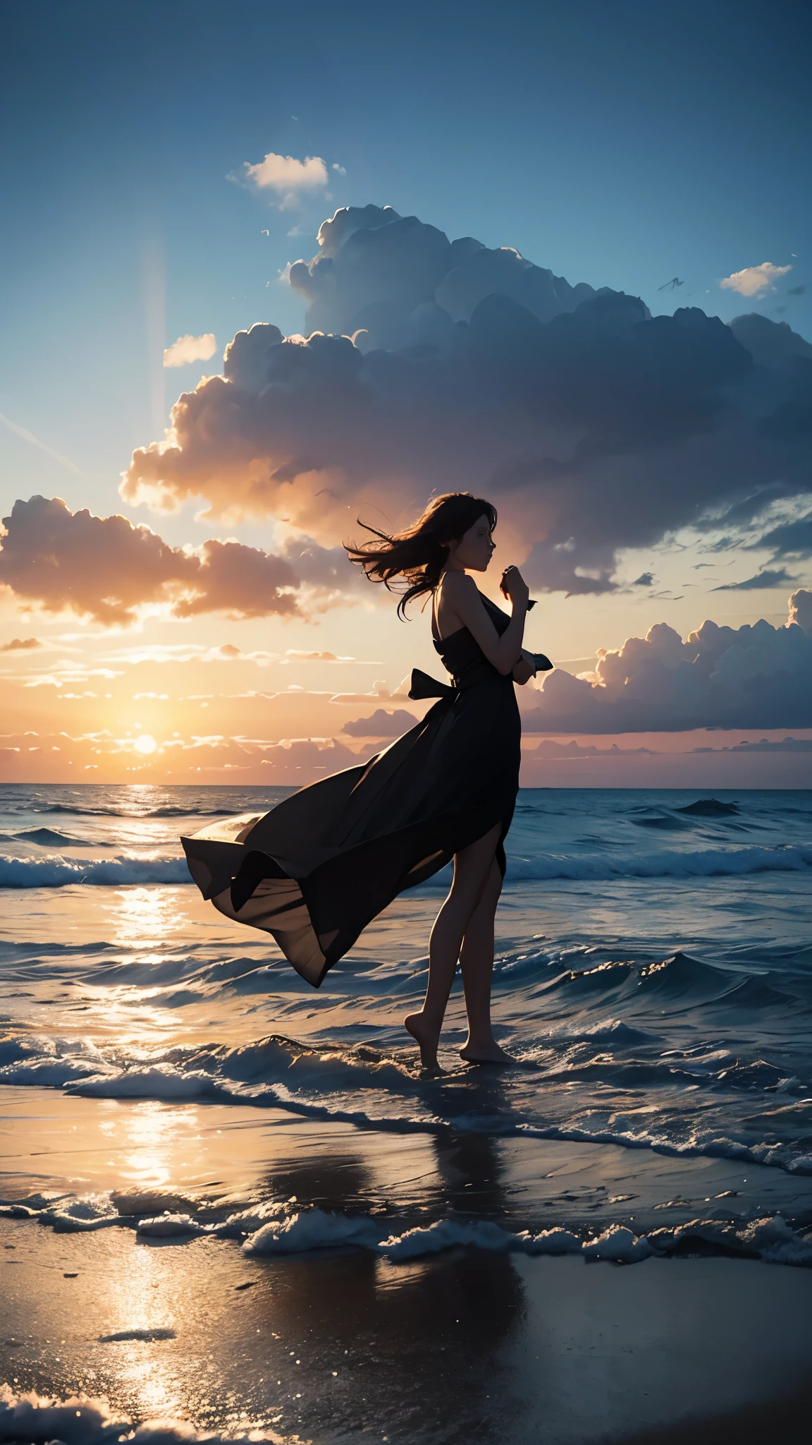 a true masterpiece depicting peace, all dreams, a woman on the beach, windy, silhouette, cinematic,hope, gorgeous lighting, contemplative