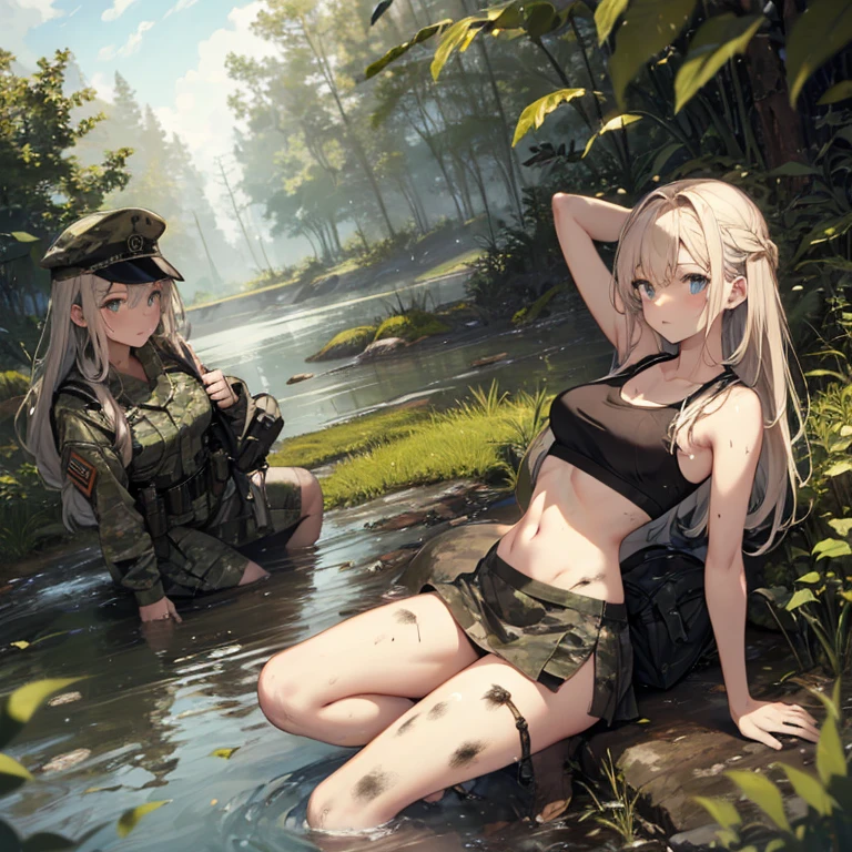 A group of female soldiers, (in swamp), various hair styles, tank top, harem, beautiful leg, midriff, camouflage military short skirt, showings off armpits, seducing, dirty