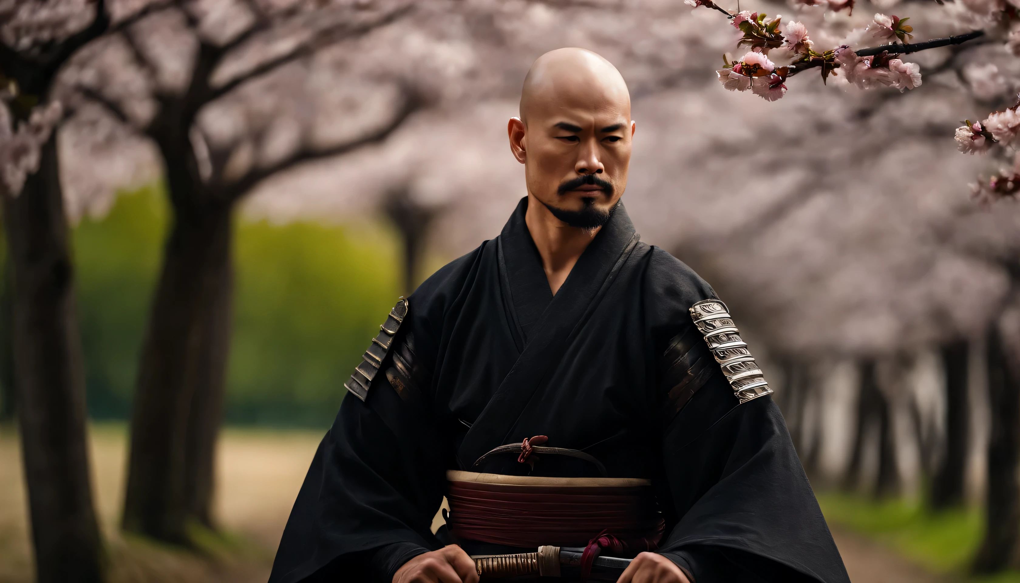 (((cinematic film still of man with bald head and chin beard samurai holding a katana))), ((sitting)), (((((samurai armor and clothing))))), (((delicate cherry blossoms in the background))), (strong sword grip and posture), (powerful energy), (RTX) cinematic film shot in 70mm, depth of field, vivid colors, (best quality,ultra-detalhado,Realistic:1.37), (8k, ARTISTIC photography, best quality, masterpiece: 1.2), (realistic, photorealistic:1.37), over-detailed, (high-detail skin: 1.2), 8k UHD, SLR camera, soft lighting, high quality, film grain, cinematic lighting, photonic display, brightness, physically rendered photo, (dynamic pose ), extremely high-quality graphics, over-detailed face, (((cinematic lighting))), ((clear details)), ((Upper body selfie)), 