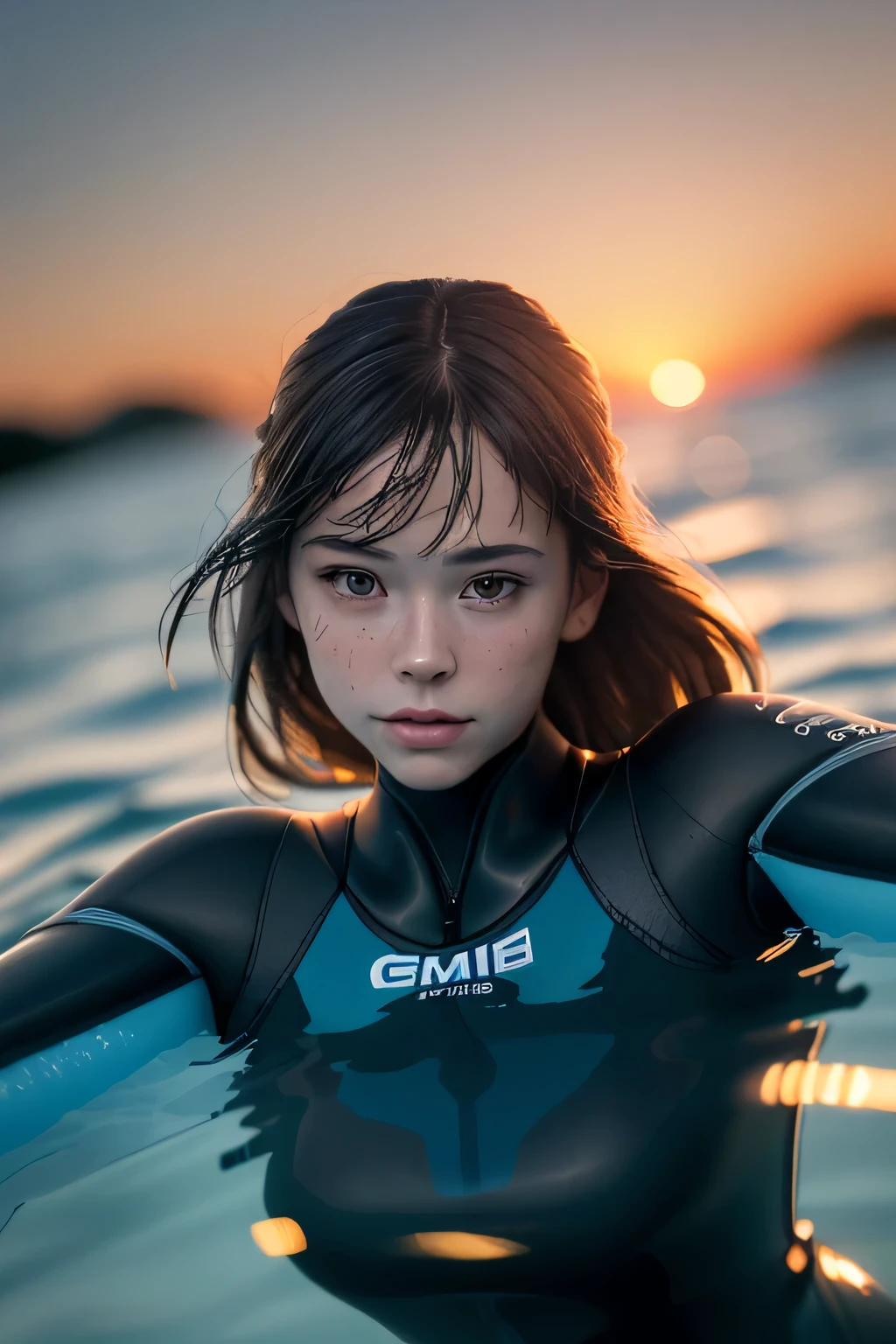 (masterpiece), (very complicated:1.3), (realistic), girl portrait, lying on her back floating on the surface of the water, (dynamic perspective), the most beautiful in the world, (swimming wetsuit), outdoor, intense sunlight, distant factory group, Stunning female professional photo details, sharp focus, dramatic, Award history, cinematic lighting, Octane Rendering Unreal Engine, volumetrics dtx, (film grain, blurred background, blurred foreground, Bokeh, Depth of the bounds written, sunset, motion blur:1.3)