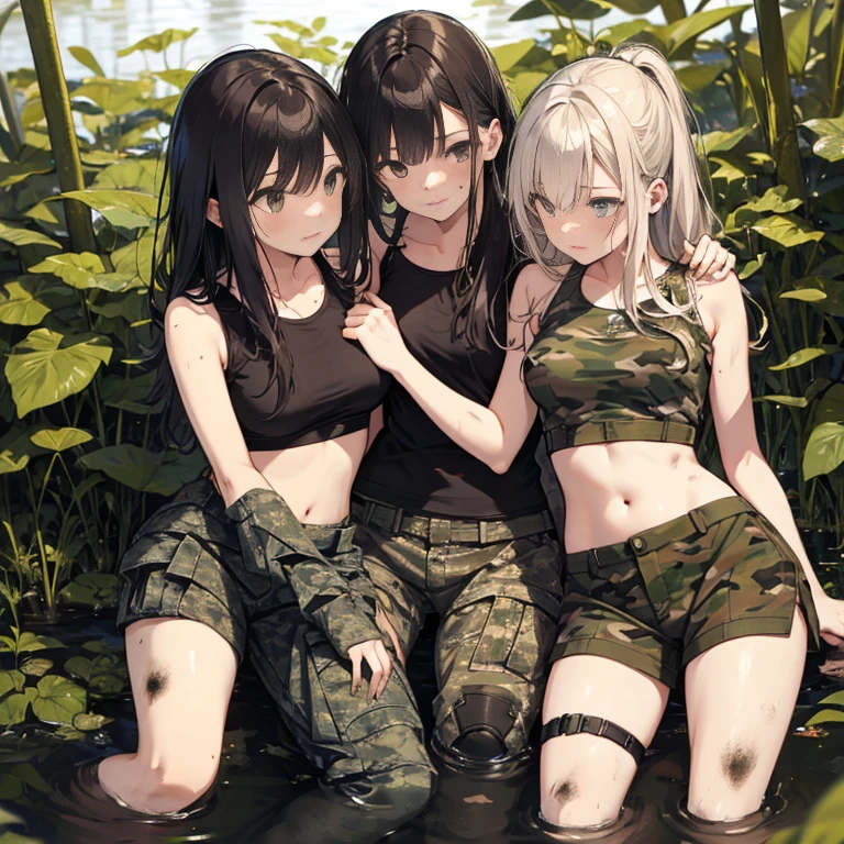 A group of female soldiers, (in swamp), various hair styles, tank top, harem, beautiful leg, midriff, camouflage military trousers, showings off armpits, seducing, dirty