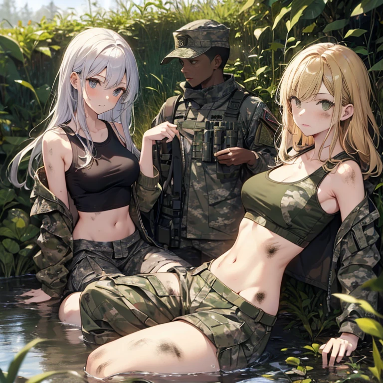 A group of female soldiers, (in swamp), various hair styles, tank top, harem, beautiful leg, midriff, camouflage military trousers, showings off armpits, seducing, dirty