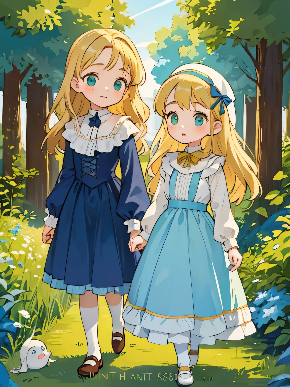 two girls, (Virginia Otis, 15 years old (blond hair, blue eyes)) pose with (16 years old Georgie Gerald (blond hair, green eyes)). Victorian style. thin, cute face, walks at night in Canterville Castle (inspired by the novel The Canterville Ghost). aged 1887, Victorian fantasy