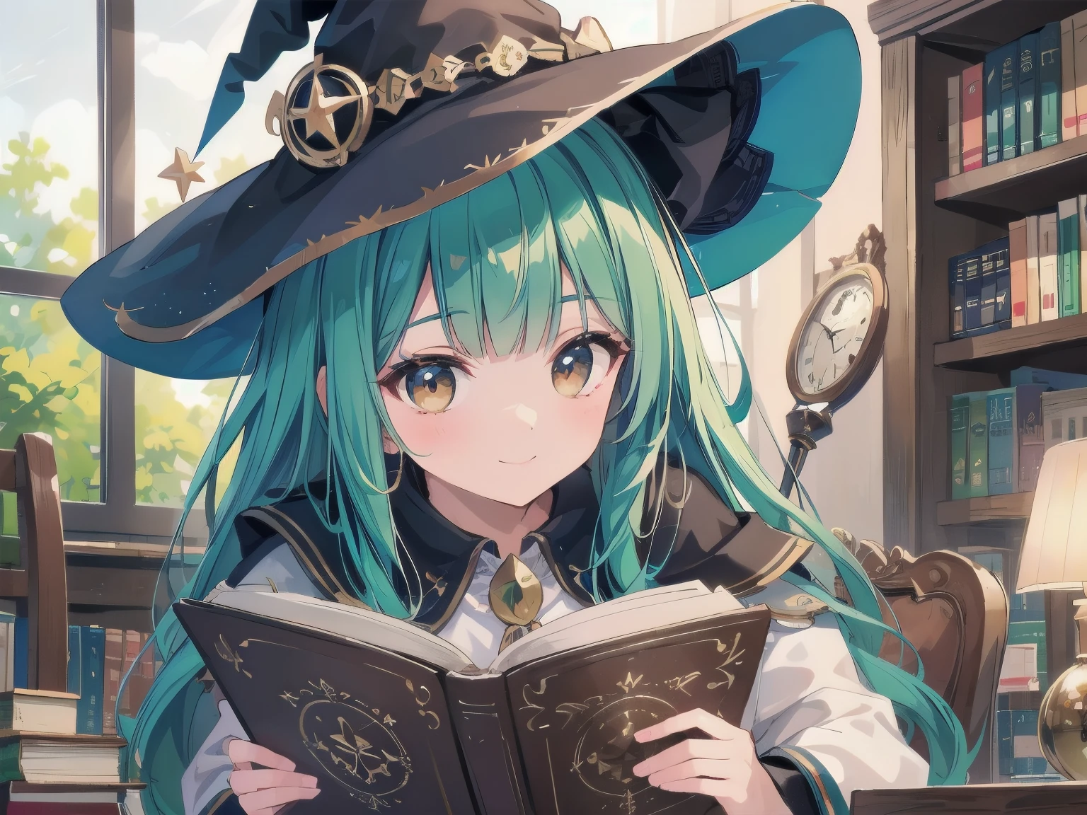 (8K, best quality, master piece: 1.2), super high resolution,1 female 18 years old,ultra-detailed face,glossy detailed eyes,brown eyes,Silky hair,two side up,blunt bangs,blue green hair,smile,cute,wizard,witch hat,(Three-Quarter Angle ),captivate your audience,professional writing,Sitting and reading a book,cheek rest,Background where the bookshelf looks like a U-shape,library