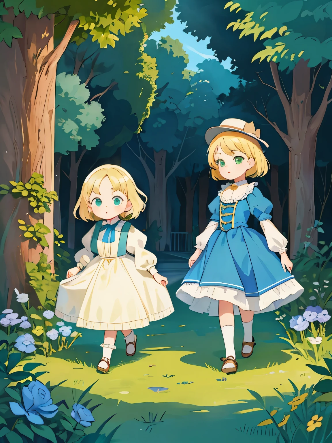 two girls, (Virginia Otis, (blond hair, blue eyes)) pose with (16 years oldald (blond hair, green eyes)). Victorian style. thin, cute face, walks at night in Canterville Castle (inspired by the novel The Canterville Ghost). aged 1887, Victorian fantasy