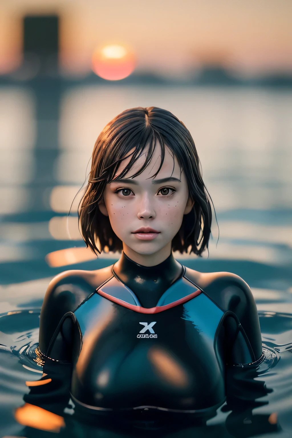 (masterpiece), (very complicated:1.3), (realistic), girl portrait, lying on her back floating on the surface of the water, (dynamic perspective), the most beautiful in the world, (swimming wetsuit), outdoor, intense sunlight, distant factory group, Stunning female professional photo details, sharp focus, dramatic, Award history, cinematic lighting, Octane Rendering Unreal Engine, volumetrics dtx, (film grain, blurred background, blurred foreground, Bokeh, Depth of the bounds written, sunset, motion blur:1.3)