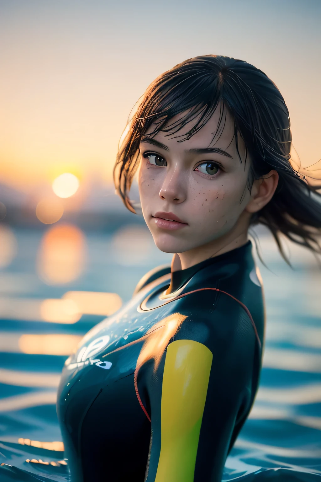 (masterpiece), (very complicated:1.3), (realistic), girl portrait, lying on her back floating on the surface of the water, (dynamic perspective), the most beautiful in the world, (swimming wetsuit), outdoor, intense sunlight, distant factory group, Stunning female professional photo details, sharp focus, dramatic, Award history, cinematic lighting, Octane Rendering Unreal Engine, volumetrics dtx, (film grain, blurred background, blurred foreground, Bokeh, Depth of the bounds written, sunset, motion blur:1.3)