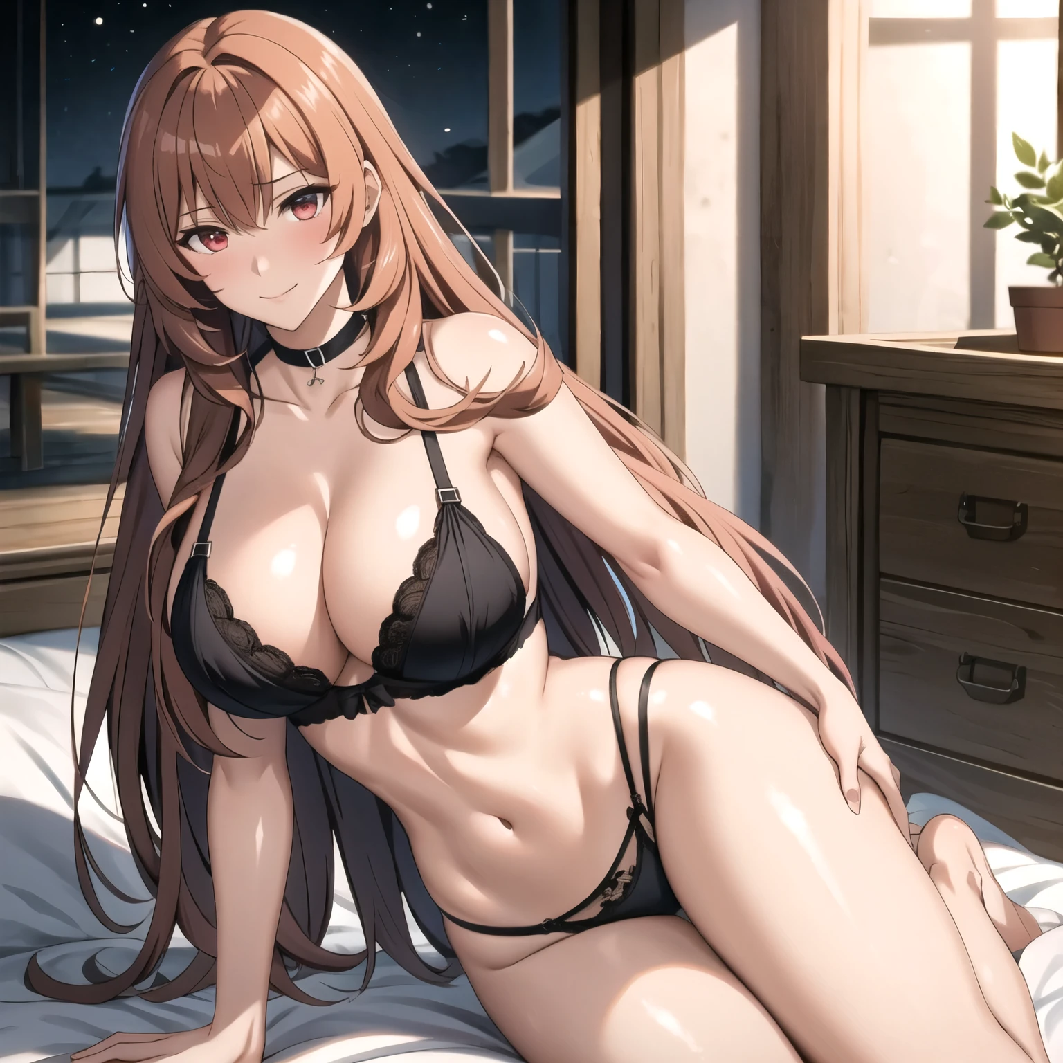 Raphtalia, attractive 25 year old woman, orejas de oso, cabello naranja brillante, detailed ruby red eyes, light skin shy smile embarrassed., rubor, mirada dulce, sexy black lingerie.  selfi. gotas de sudor en su pecho,  gotas de sudor en su cuerpo, , cabello mojado, habitacion rosada de noche.