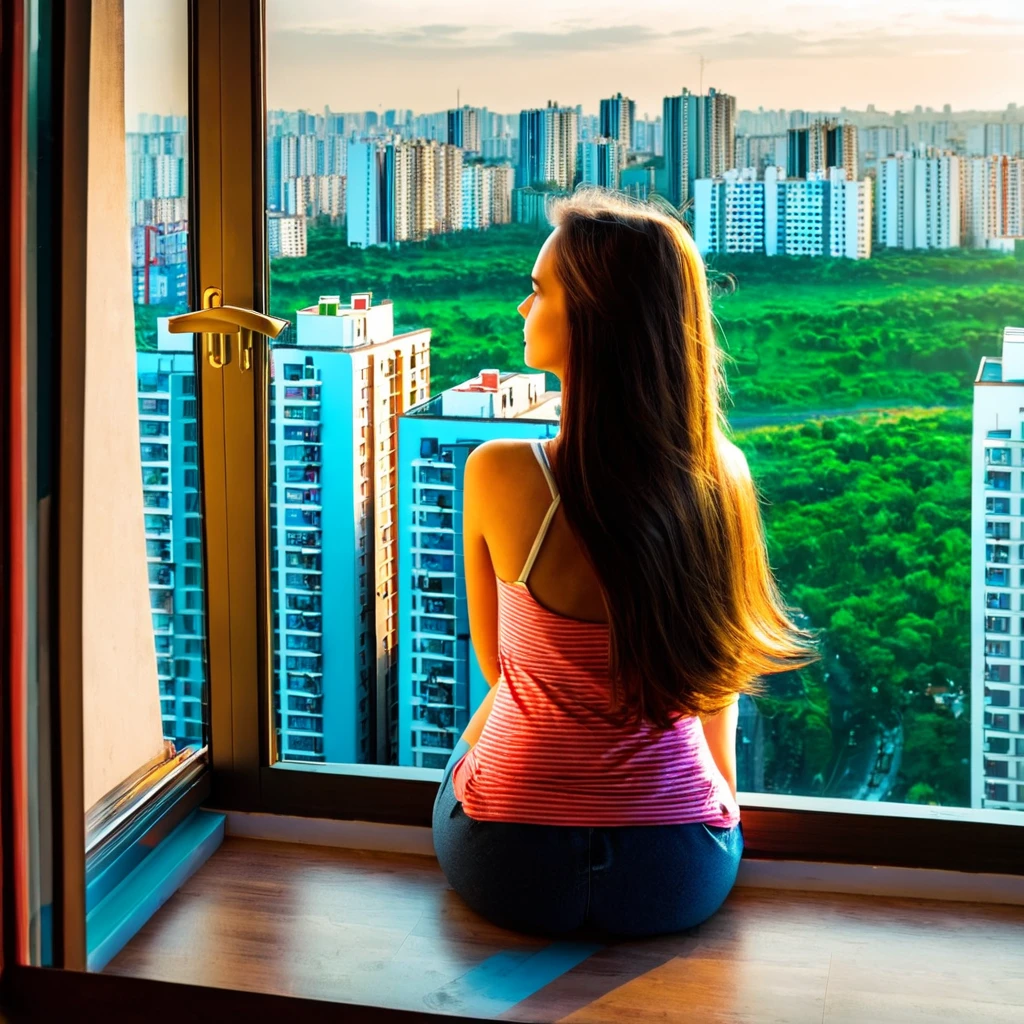 A girl looking at the window from her apartments, the view of busy city she lived in