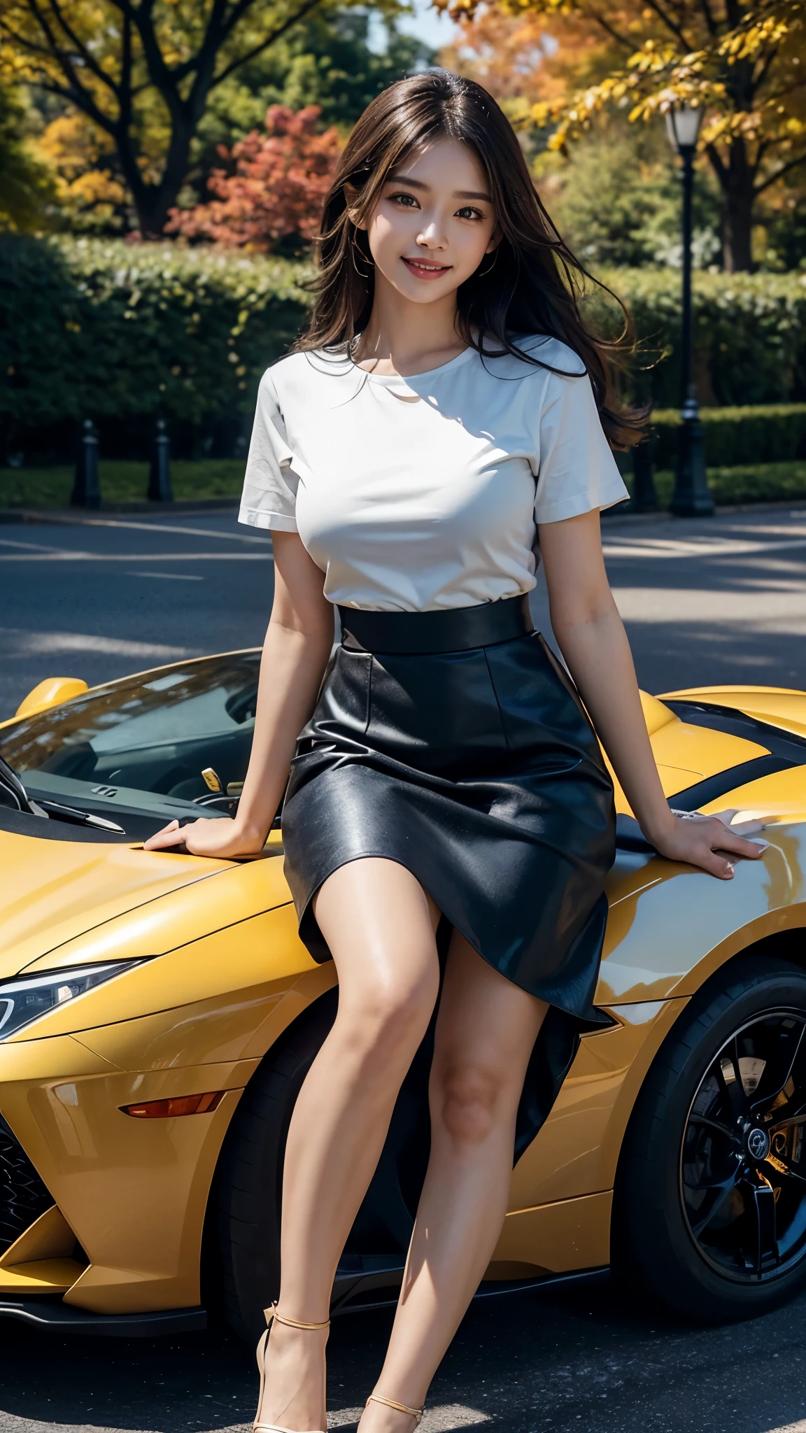 Master piece, CG Unity 8k walpaper, ((Realistic: 1.2))Ray Tracing, 64k, Beautiful 18 years girl, Asian realistic girl, Ultra Realistic, ultra HD, ((Autumn)), ((Road)), Luxury Pink Lamborghini Car, Sitting on car banet, Solo, ((Luxury yellow silky T-shirt with luxury Matty blue Knee length skirt)), Falling Orenge colour leafs, many fallen leafs in ground, Beautiful smile, ((smile: 1.2)), Standing, Stylish look, sexy angles, realistic Skin, Perfect young body, Young figure , detailed background, Detailed skin, detailed dress, Long Black hair, cinematic lighting, cinematic Photography, High resolution Dress Quality, High resolution picture quality, ((Manhattan)), ((Central Park)), Street view, walking in beside road, ((Grass)), ((Perfect Autumn nature)), Super round breast under the dress, Close up shot, Upper body shot, 