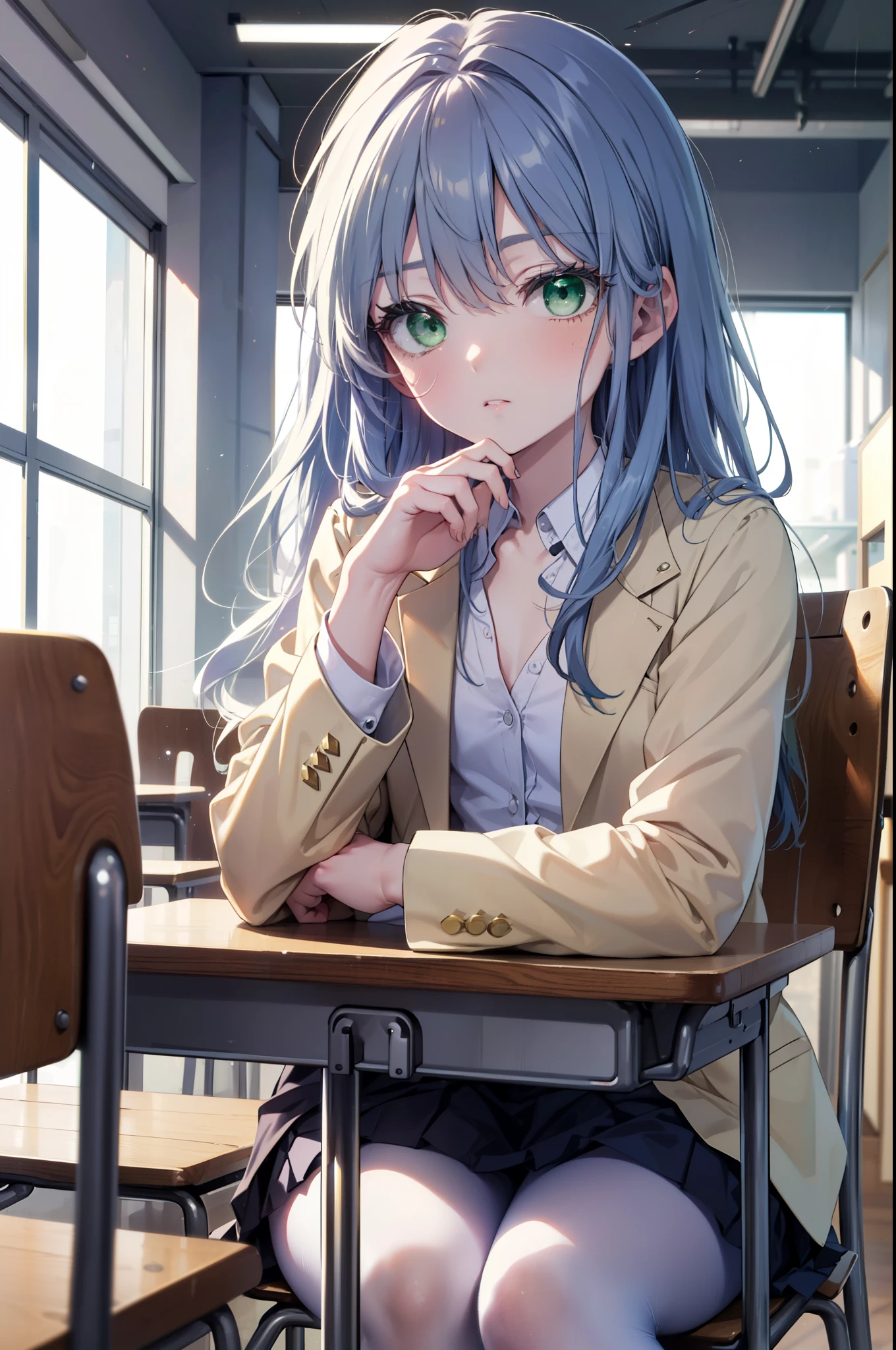 index, index, (green eyes:1.5), blue hair, long hair, (flat chest:1.2),White Y-shirt,yellow blazer,White pleated skirt,black pantyhose,brown loafers,sitting cross-legged on a chair,There is a textbook on the desk,daytime,
break looking at viewer, Upper body, whole body,
break indoors, School classroom,
break (masterpiece:1.2), highest quality, High resolution, unity 8k wallpaper, (figure:0.8), (detailed and beautiful eyes:1.6), highly detailed face, perfect lighting, Very detailed CG, (perfect hands, perfect ???????),