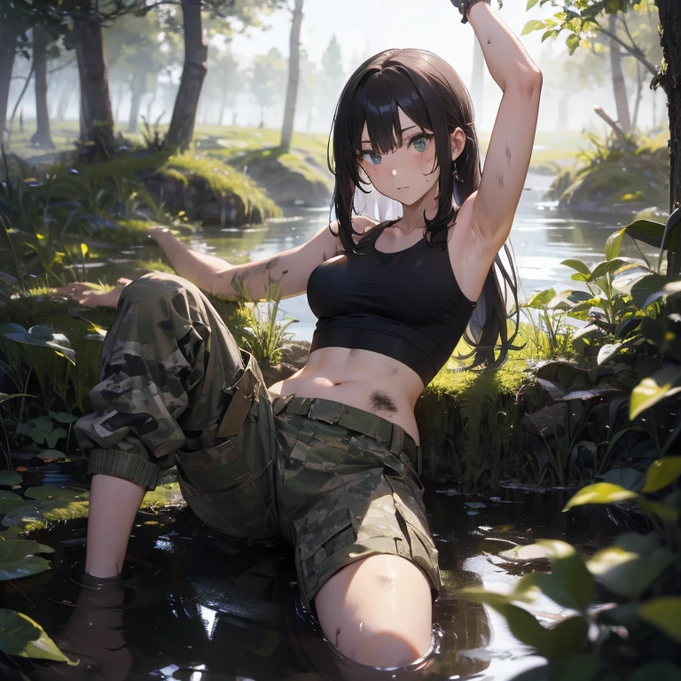 nsfw,Female Soldier, (in a swamp), ((She was captured and raped by a man in military uniform.)),((She&#39;s crying)),(vaginale,sex,penis,male), ((Standing Sex pose)), ((A man hugs from behind)),Blonde,ponytail,Big Breasts,Very dirty tank top, (((Fishnet tights))),(Sweat),Beautiful legs, abdomen, Show your armpits, Seduce, dirty, ((Sweatと汚れ)),Hang a rope from above,,((Both hands tied)),(girl trembling with sexual climax:1.3),(cum in Pussy:1.46),((A naked female  lies on the floor)),yamanaka ino