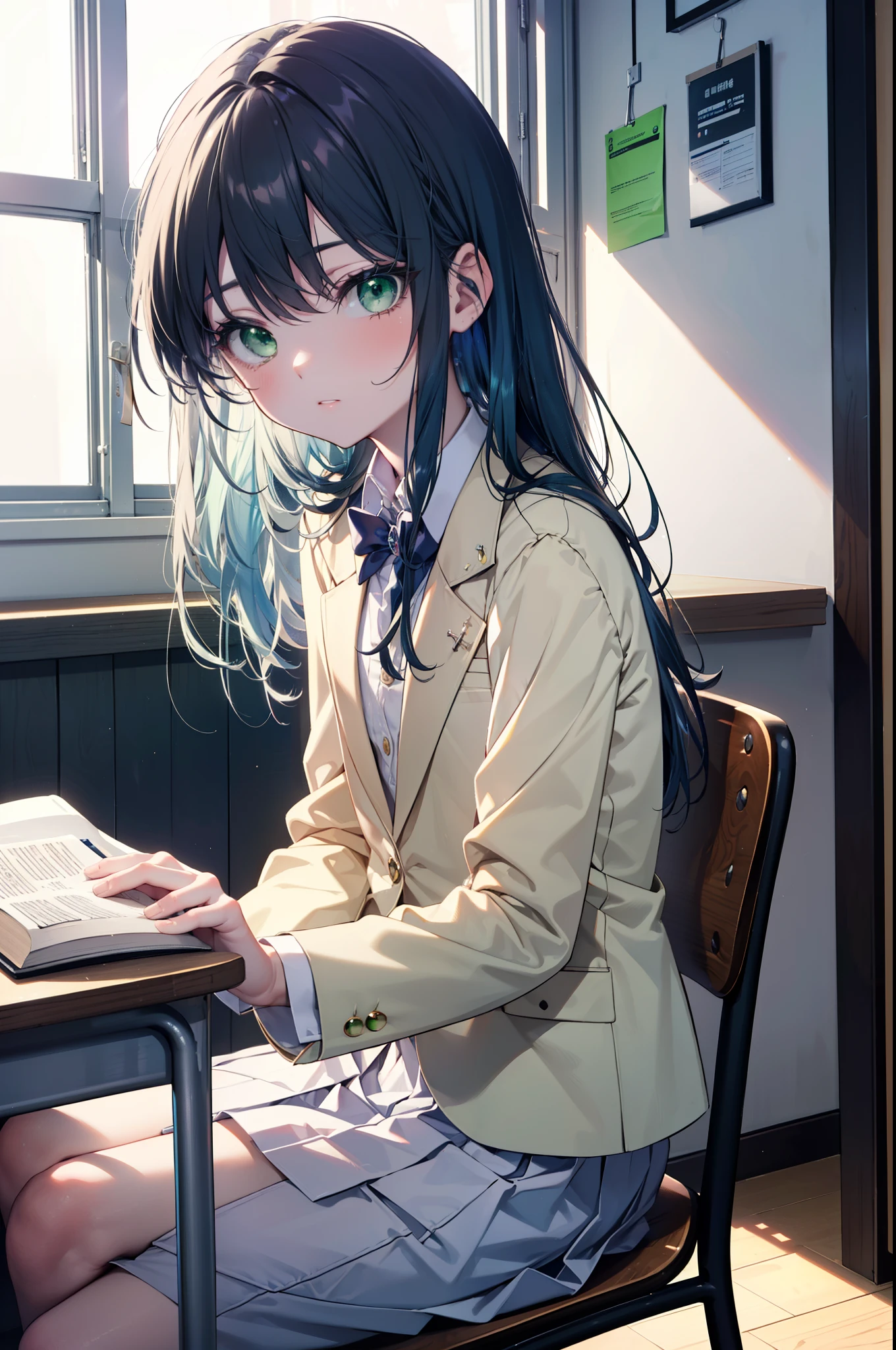 index, index, (green eyes:1.5), blue hair, long hair, (flat chest:1.2),White Y-shirt,yellow blazer,White pleated skirt,black pantyhose,brown loafers,sitting cross-legged on a chair,There is a textbook on the desk,daytime,
break looking at viewer, Upper body, whole body,
break indoors, School classroom,
break (masterpiece:1.2), highest quality, High resolution, unity 8k wallpaper, (figure:0.8), (detailed and beautiful eyes:1.6), highly detailed face, perfect lighting, Very detailed CG, (perfect hands, perfect anatomy),