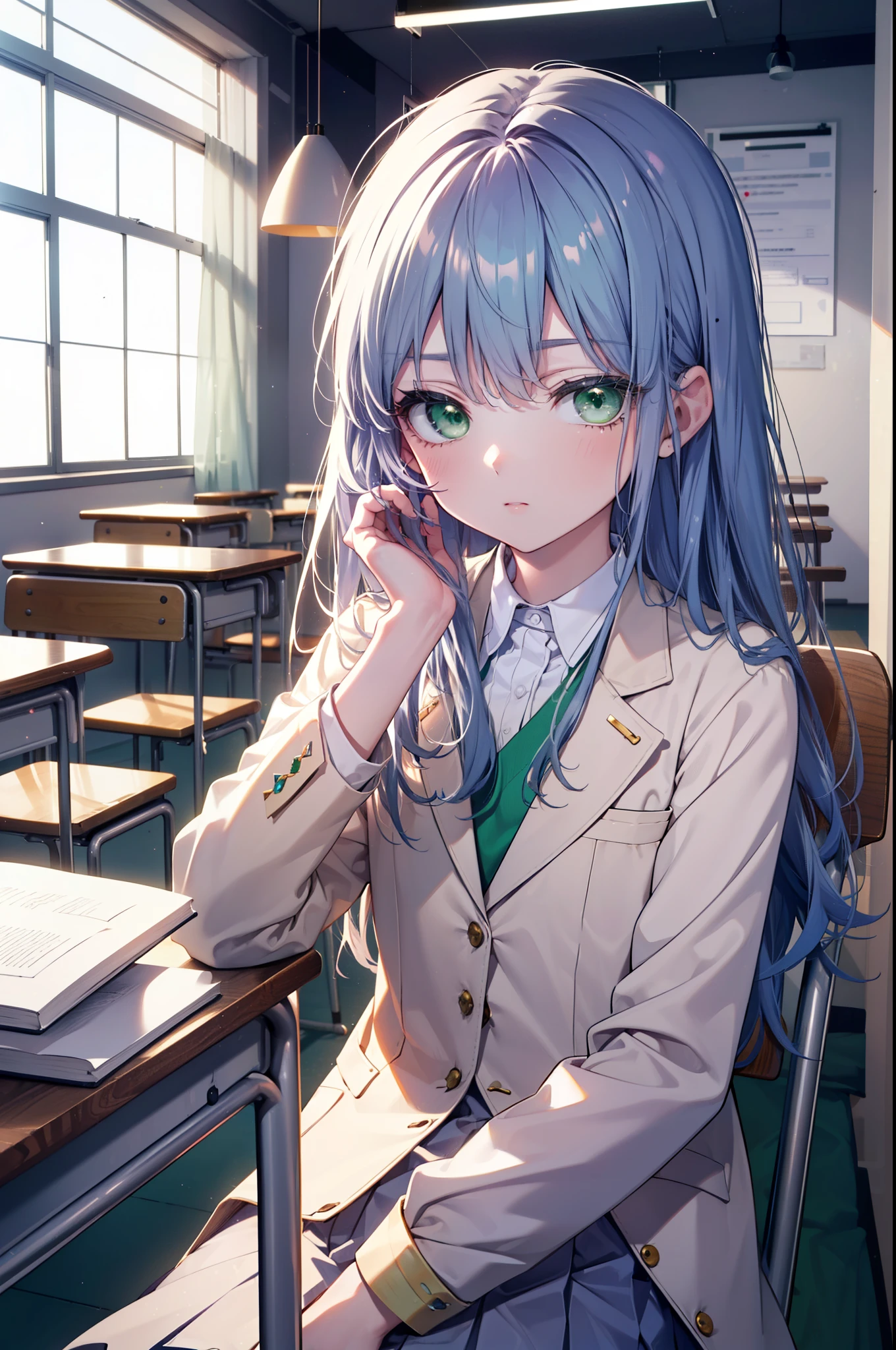 index, index, (green eyes:1.5), blue hair, long hair, (flat chest:1.2),White Y-shirt,yellow blazer,White pleated skirt,black pantyhose,brown loafers,sitting cross-legged on a chair,There is a textbook on the desk,daytime,
break looking at viewer, Upper body, whole body,
break indoors, School　classroom,
break (masterpiece:1.2), highest quality, High resolution, unity 8k wallpaper, (figure:0.8), (detailed and beautiful eyes:1.6), highly detailed face, perfect lighting, Very detailed CG, (perfect hands, perfect anatomy),