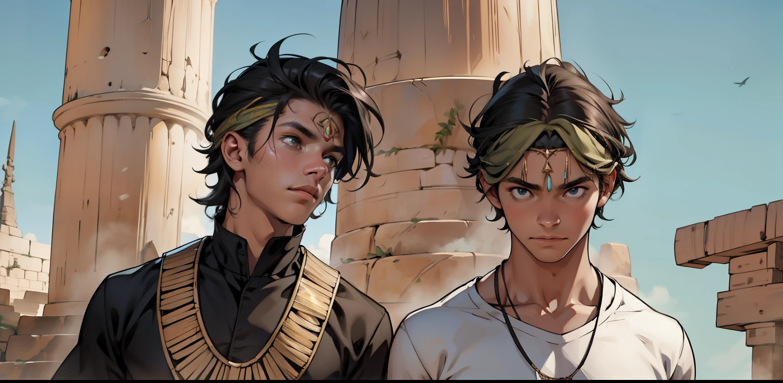 Several boys in a fist in Egypt A 15-year-old boy with pink hair is a man who has honey-colored eyes at the bottom of ancient Egypt you can see the pyramids