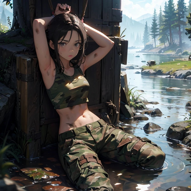 A group of  female soldiers, (in swamp), various hair styles, tank top, harem, beautiful leg, midriff, camouflage military trousers, showings off armpits, seducing, dirty, tied wrist with rope 