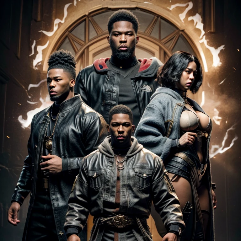An anime crew film scene titled “Children of the scorn”, with men and women, group of people, more than one person,African American, hip hop influenced, cinematic photo style, warriors, ninja inspired, carhartt style jackets, Children of Rhea Ripley and 50 Cent, genetics, 50 Cent energy, Rhea Ripley energy, muscular, athletic, warriors of strength, confidence, honor, calm, competent, ambitious, godly essence, divine presence, long hair, short hair, mini Afro, city outside, 4k photo, 8 k photo, high quality, art, luxurious city vibe, north face fleece jackets, movie project, NY