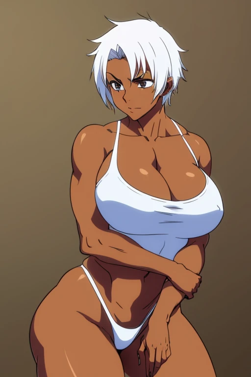 1 garota, older, seios grandes, coxas grandes, Quadril grande, coxas enormes, pose sexy, dark skin, white hair